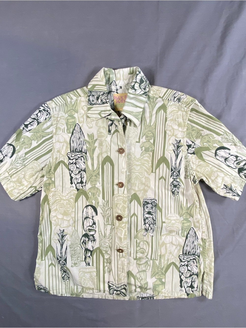 Kool Kat hand made hawiian  Green Tiki Print Short Sleeve Shirt